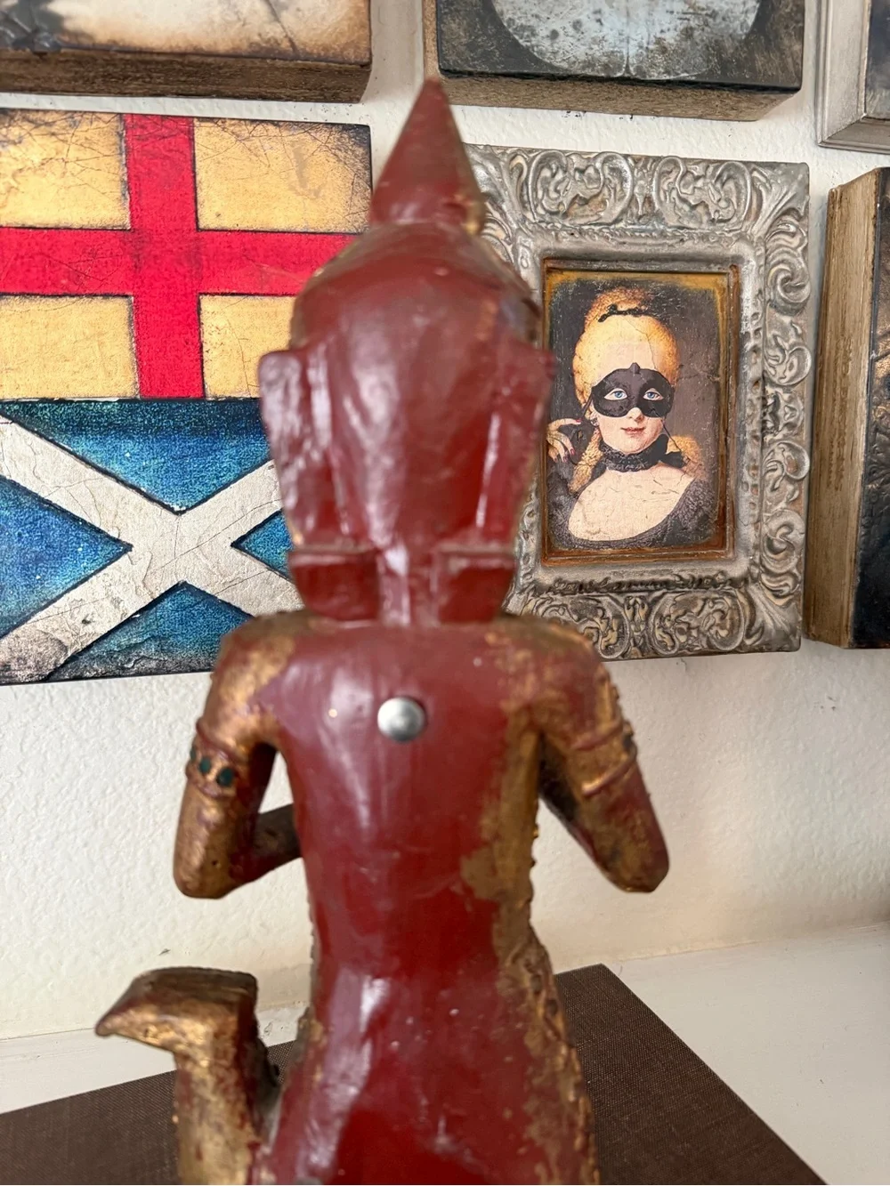 Vintage Southeast Asian Temple Guardian Statue Hand Painted‎ Gilt Wood Figure